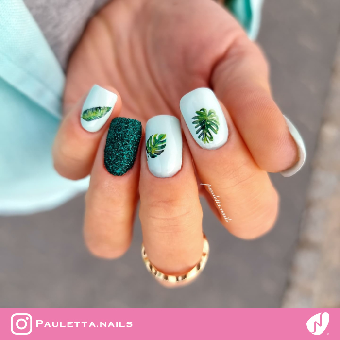 Short White Nails with Leaves